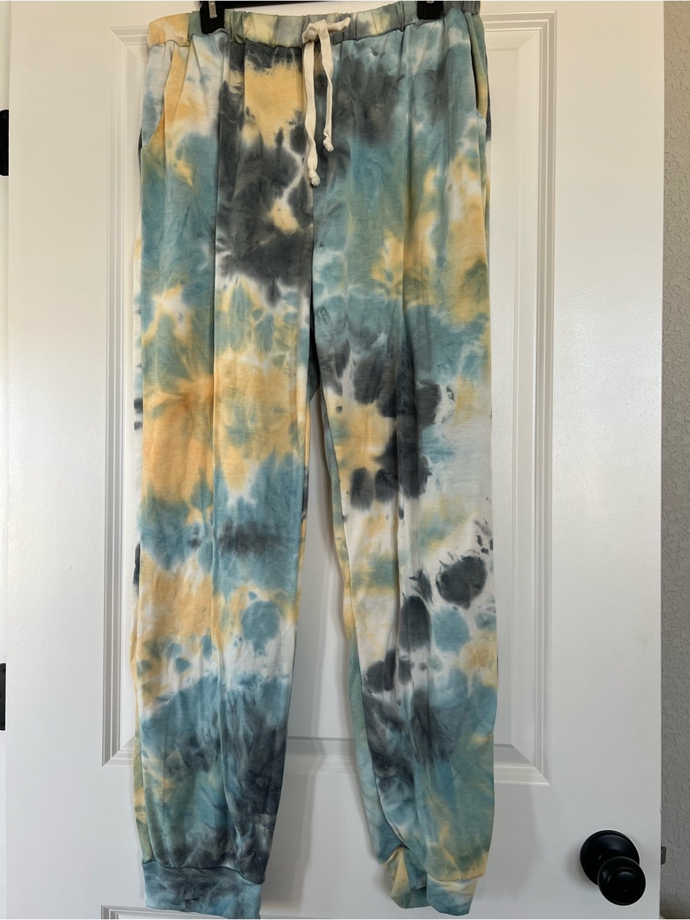 Honeyme Curvy Tie-Dye Track Joggers in Teal, Yellow & Gray